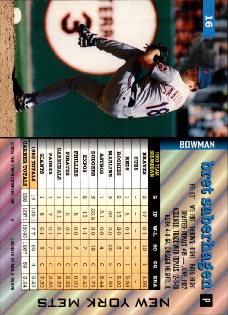 1994 Bowman #16 Bret Saberhagen back image