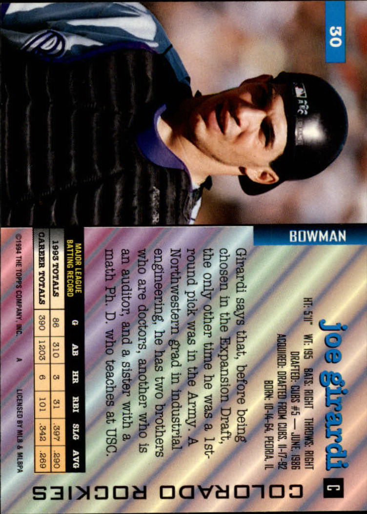 1994 Bowman #30 Joe Girardi back image