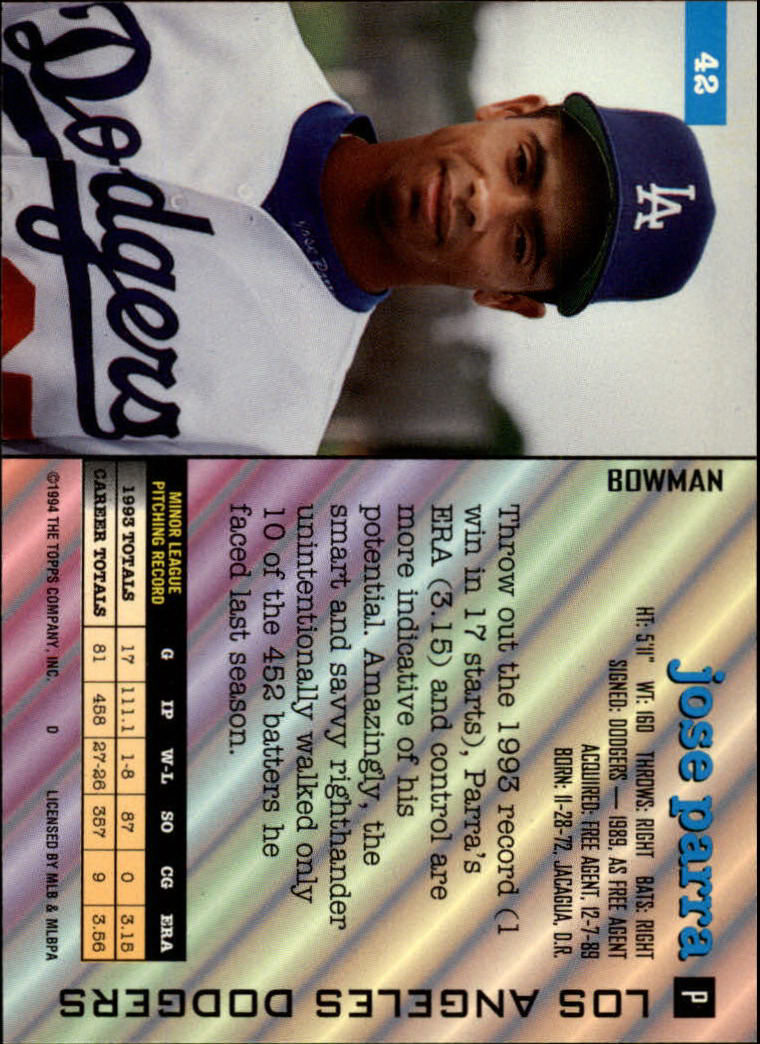1994 Bowman #42 Jose Parra RC back image