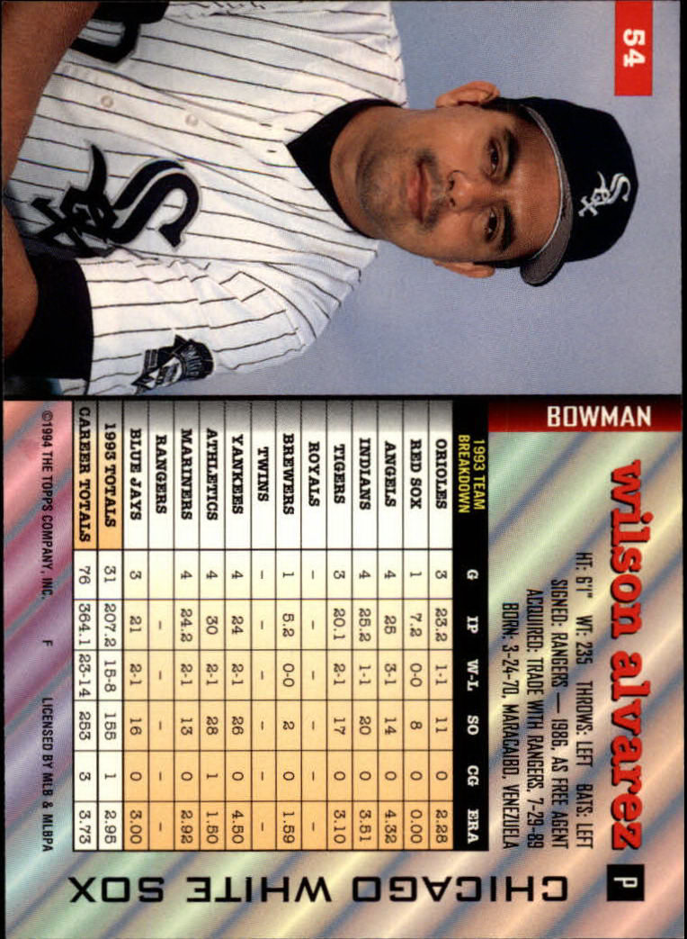 1994 Bowman #54 Wilson Alvarez back image