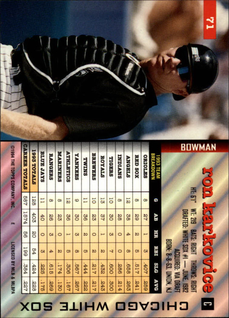 1994 Bowman #71 Ron Karkovice back image