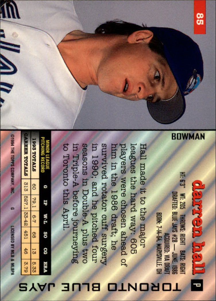 1994 Bowman #85 Darren Hall RC back image