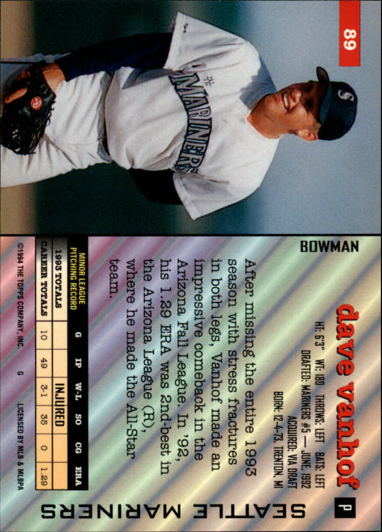 1994 Bowman #89 Dave Vanhof RC back image