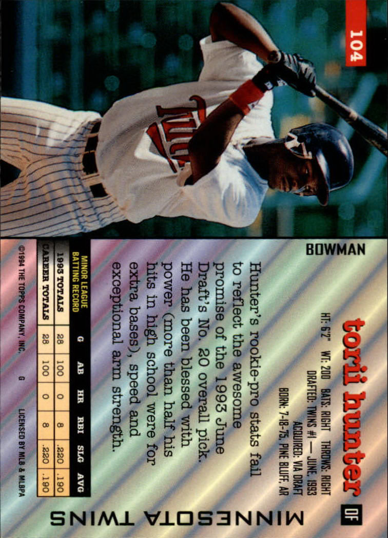 1994 Bowman #104 Torii Hunter RC back image