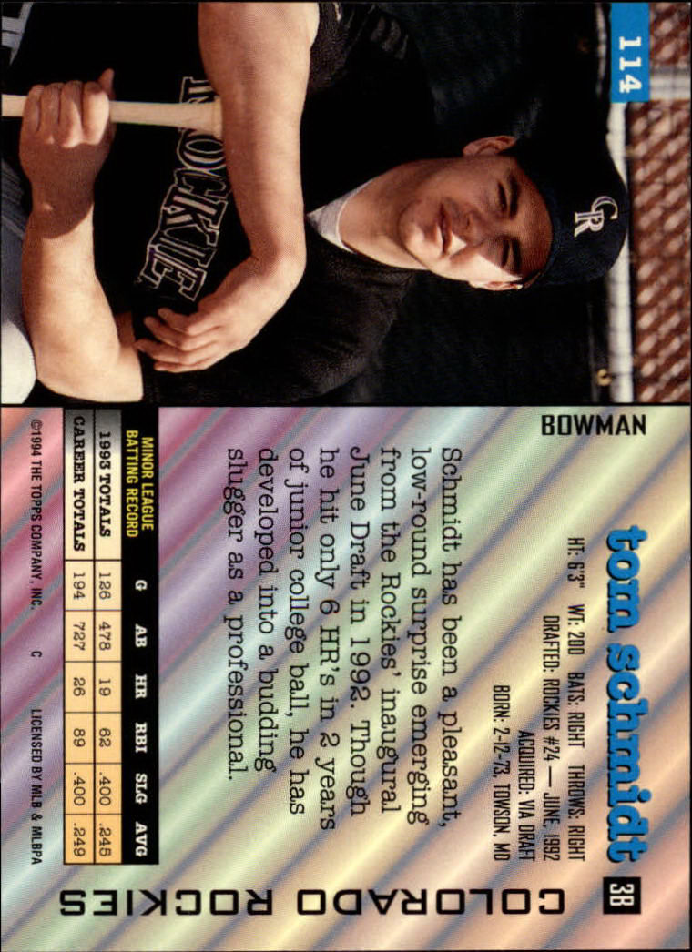 1994 Bowman #114 Tom Schmidt back image