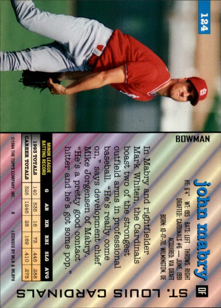 1994 Bowman #124 John Mabry RC back image