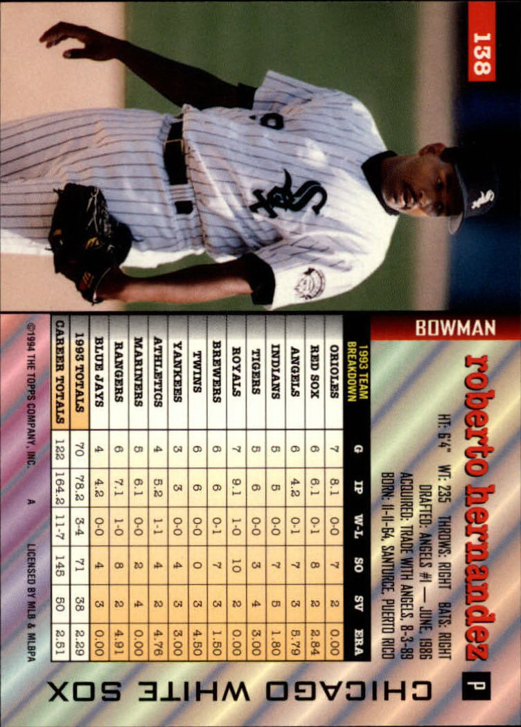 1994 Bowman #138 Roberto Hernandez back image