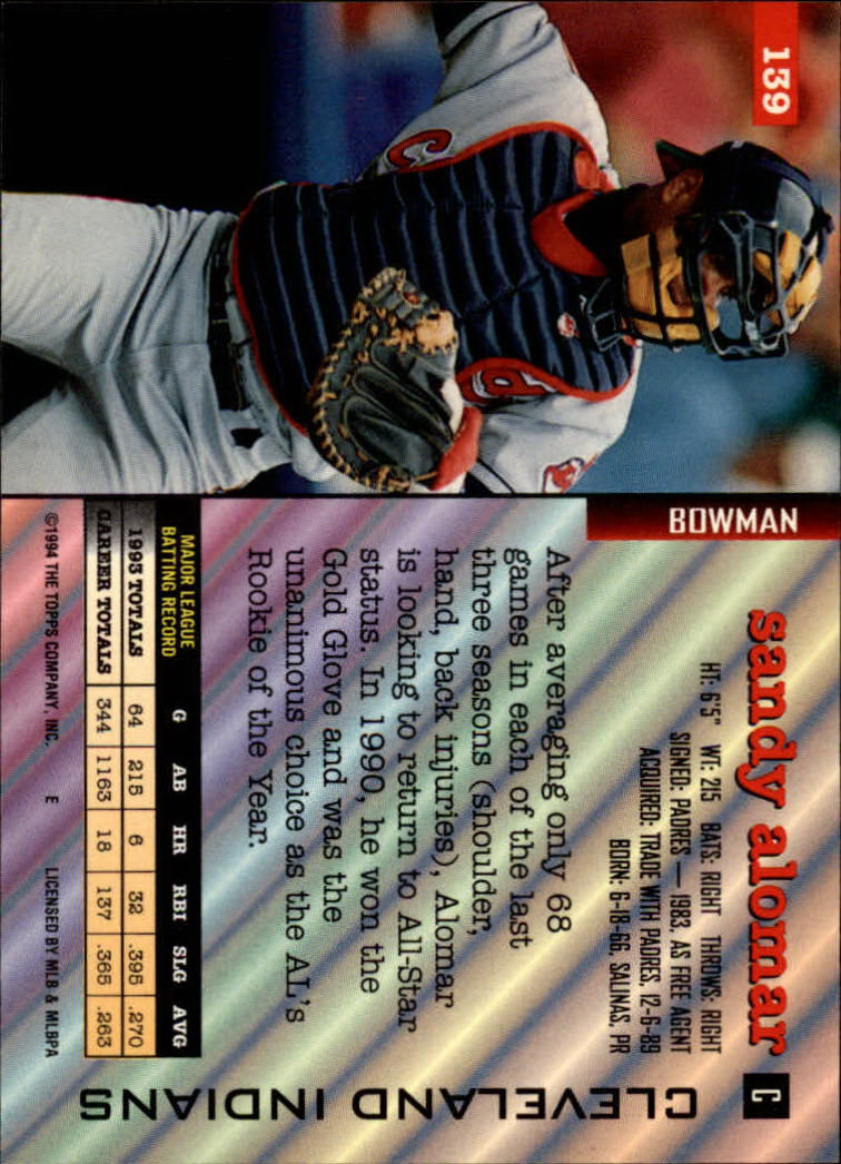 1994 Bowman #139 Sandy Alomar Jr. back image