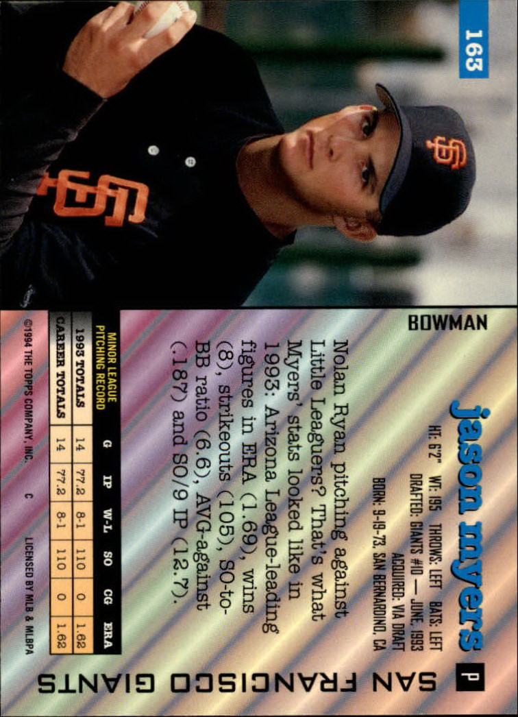 1994 Bowman #163 Jason Myers RC back image