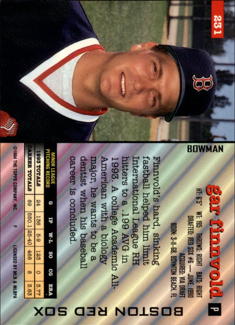 1994 Bowman #231 Gar Finnvold RC back image