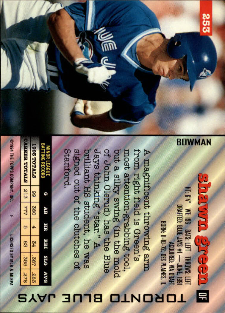 1994 Bowman #253 Shawn Green back image