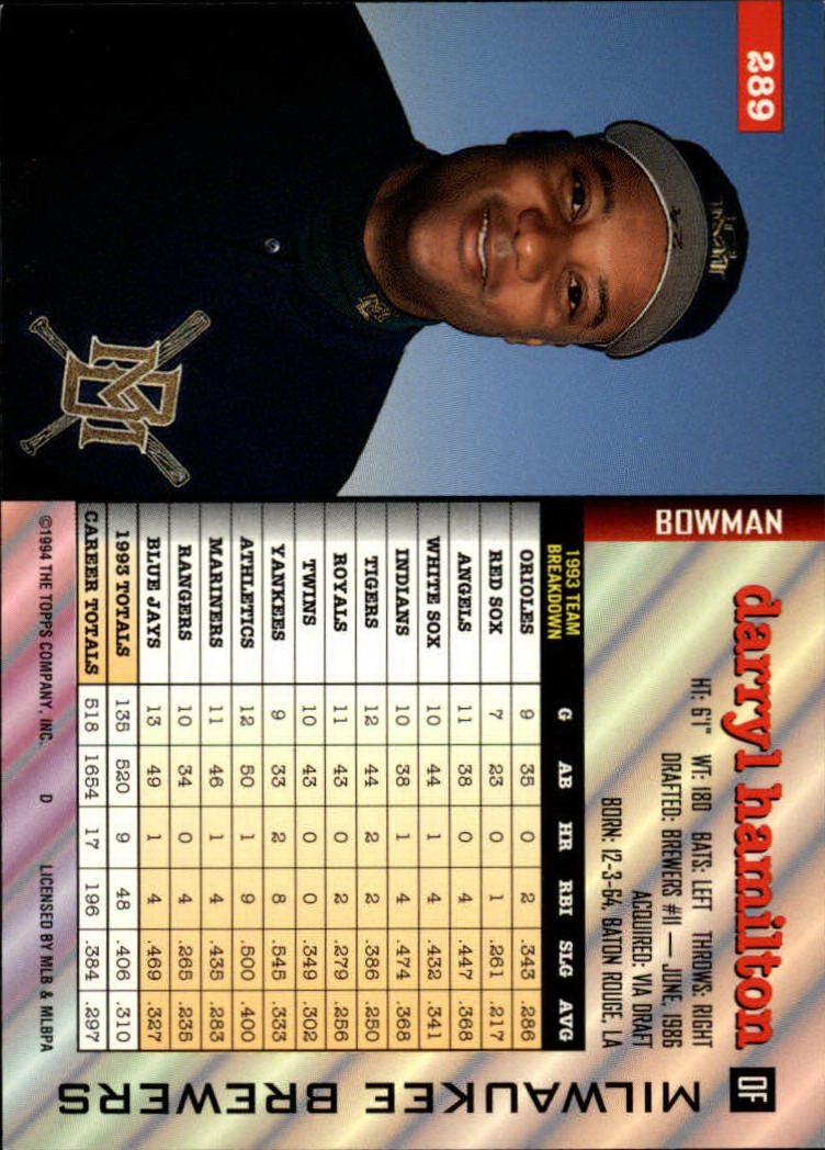 1994 Bowman #289 Darryl Hamilton back image