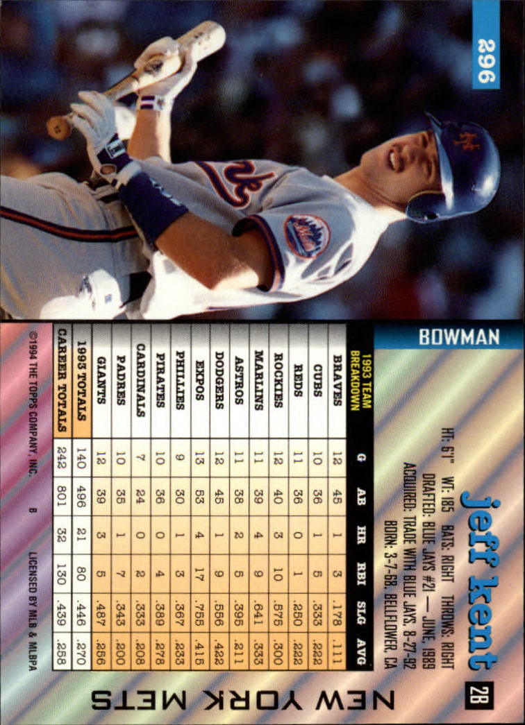 1994 Bowman #296 Jeff Kent back image