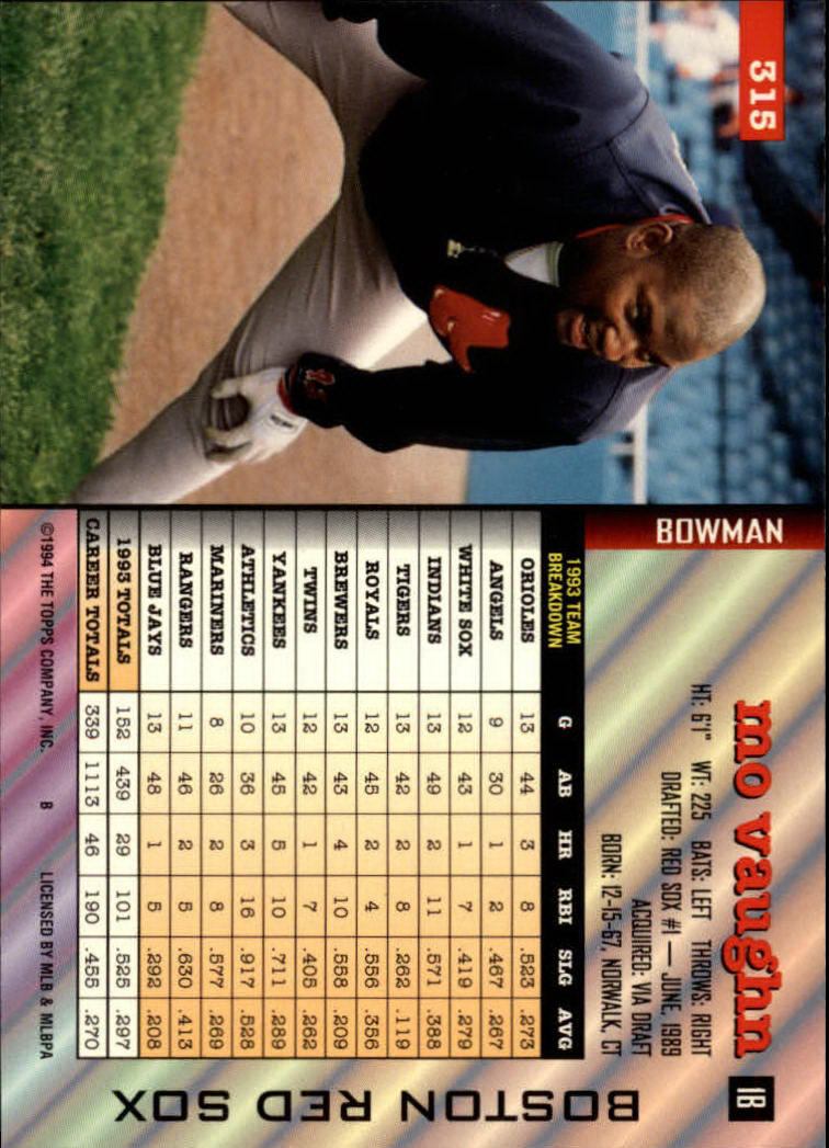 1994 Bowman #315 Mo Vaughn back image