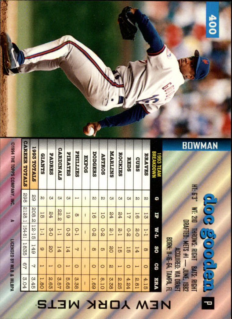 1994 Bowman #400 Dwight Gooden back image