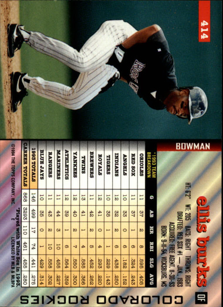 1994 Bowman #414 Ellis Burks UER/Name spelled Elkis on front back image