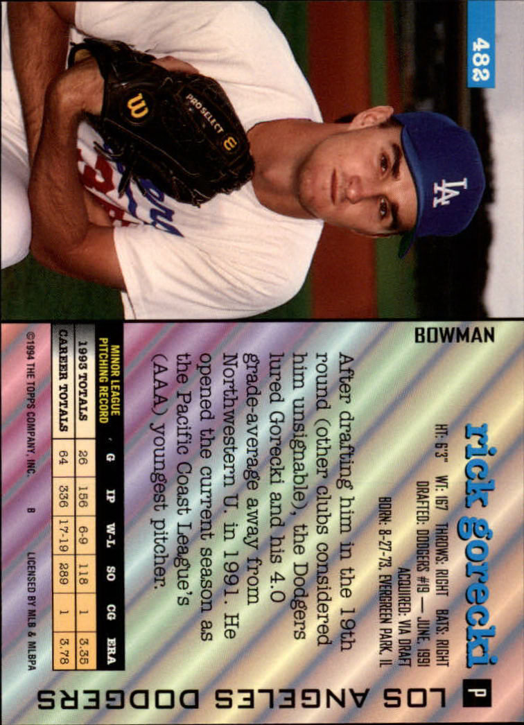 1994 Bowman #482 Rick Gorecki back image