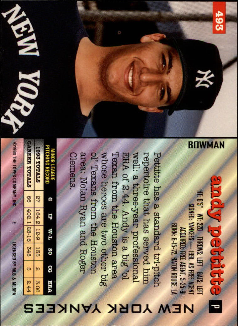 1994 Bowman #493 Andy Pettitte back image