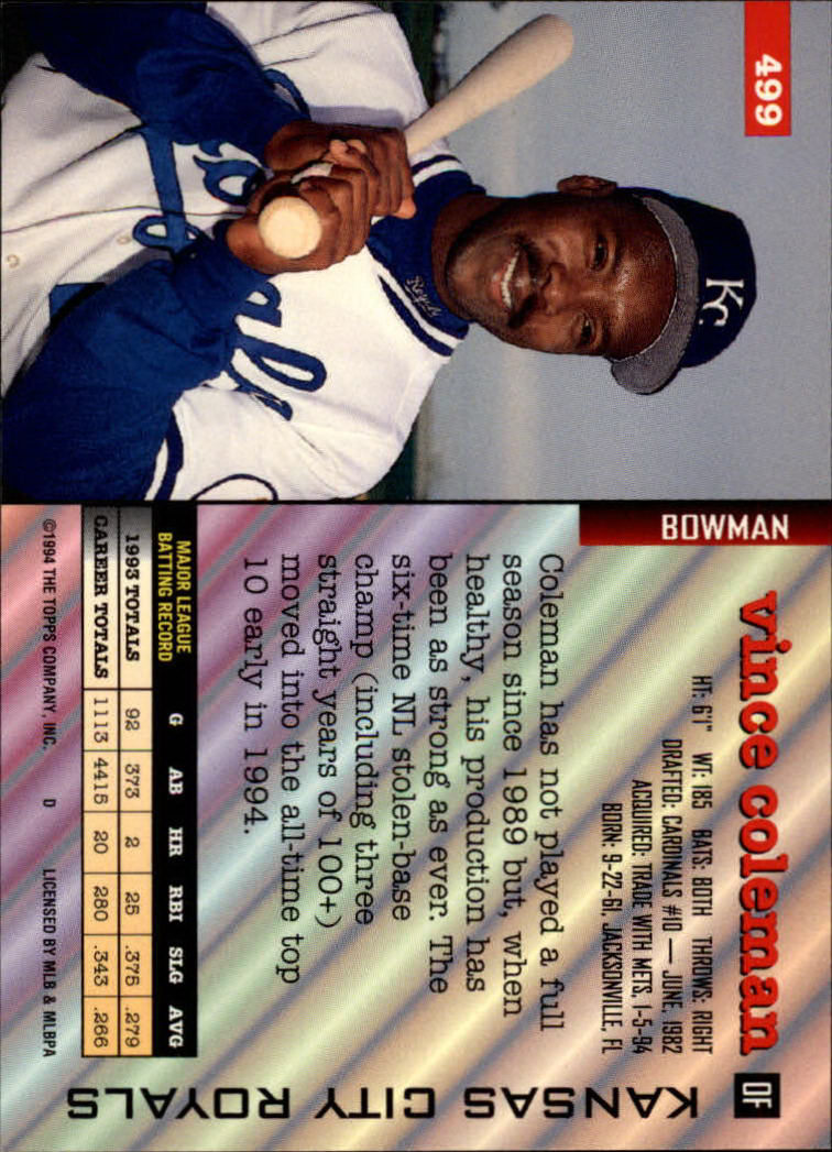 1994 Bowman #499 Vince Coleman back image
