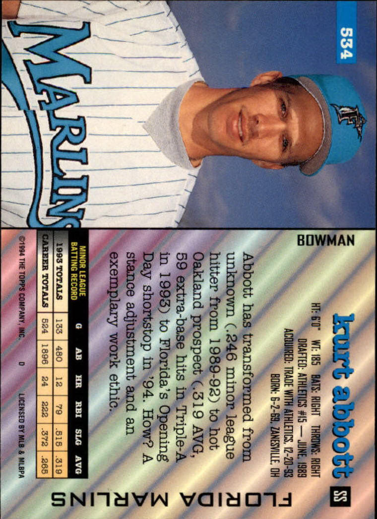 1994 Bowman #534 Kurt Abbott RC back image