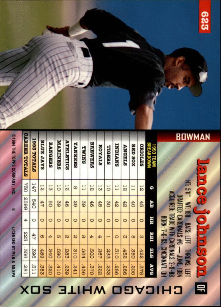 1994 Bowman #623 Lance Johnson back image