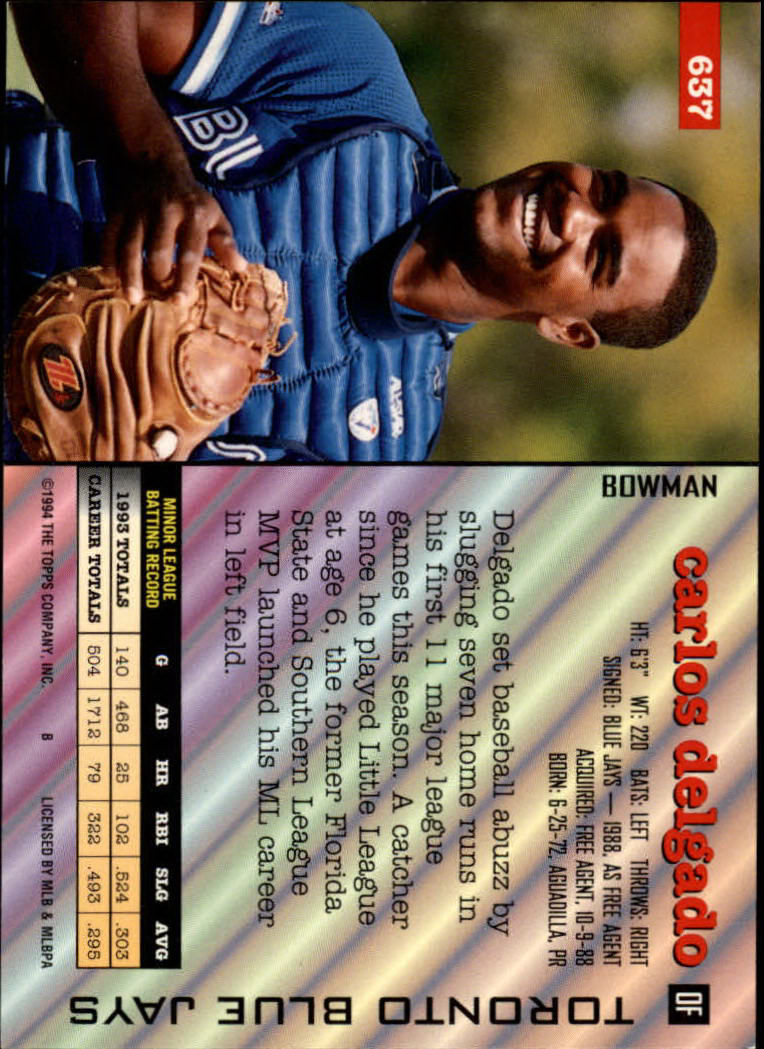 1994 Bowman #637 Carlos Delgado back image