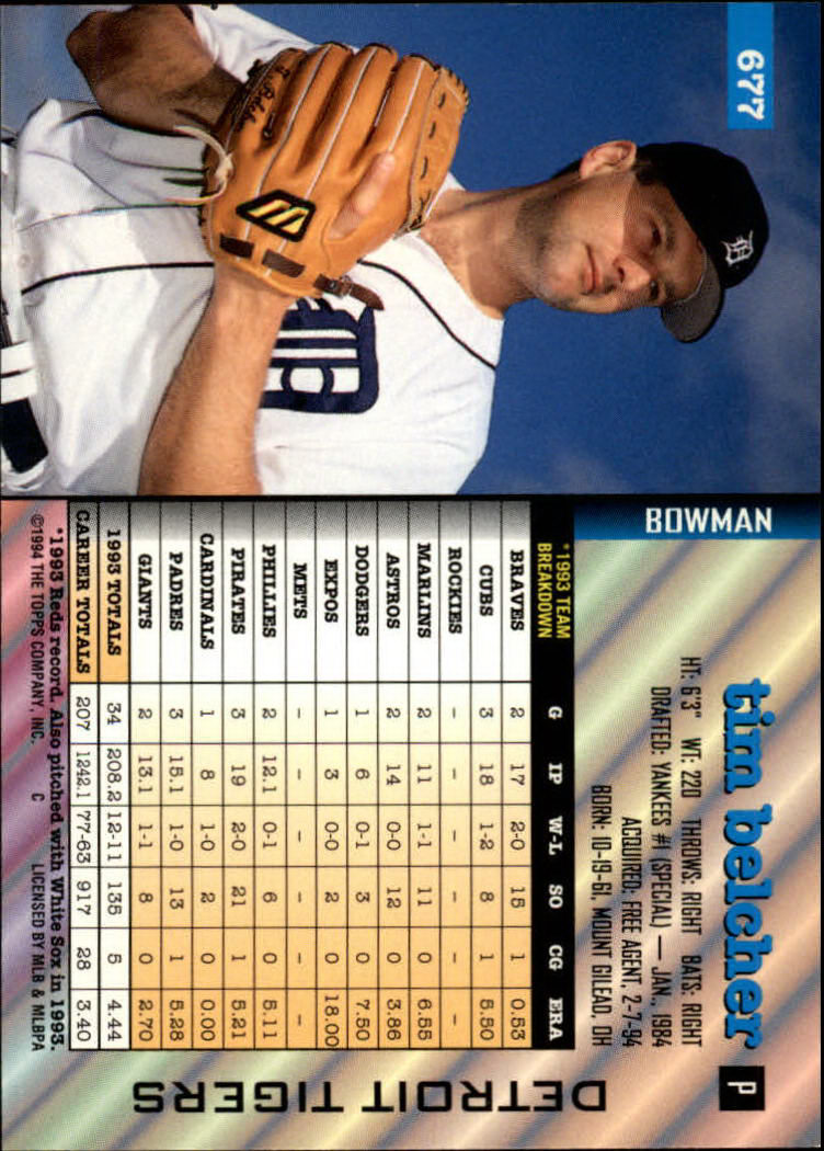1994 Bowman #677 Tim Belcher back image