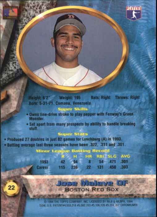 1994 Bowman's Best #B22 Jose Malave back image