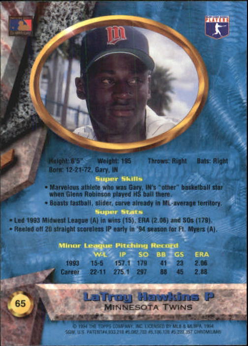 1994 Bowman's Best #B65 LaTroy Hawkins RC back image