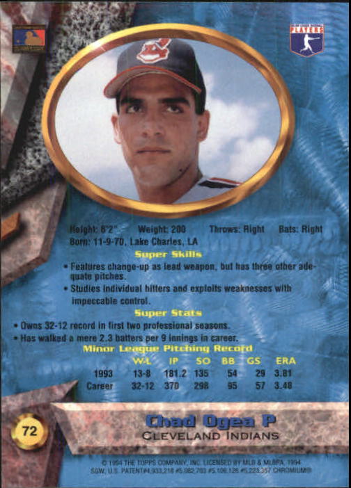 1994 Bowman's Best #B72 Chad Ogea back image