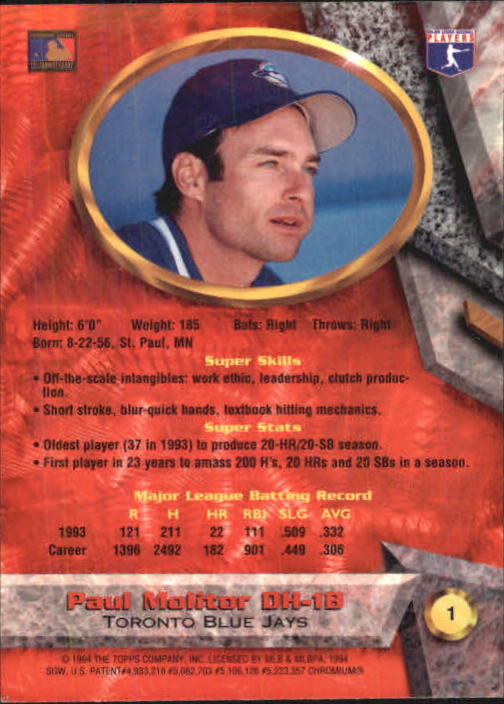 1994 Bowman's Best #R1 Paul Molitor back image
