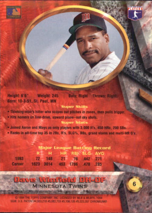 1994 Bowman's Best #R6 Dave Winfield back image