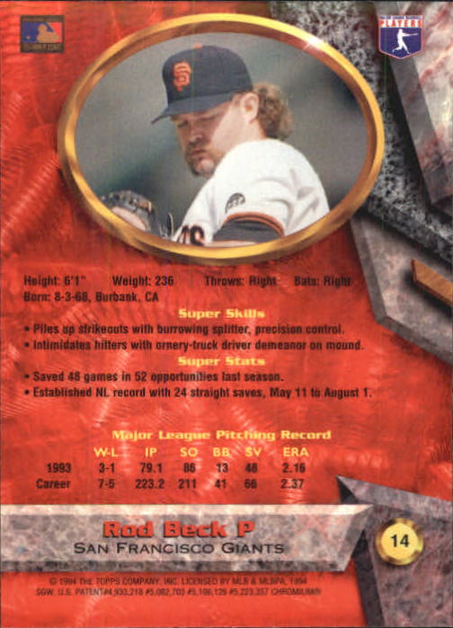 1994 Bowman's Best #R14 Rod Beck back image