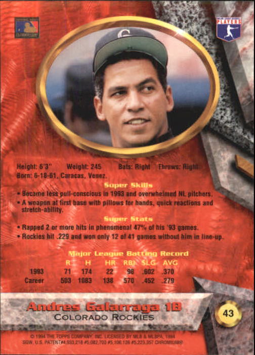 1994 Bowman's Best #R43 Andres Galarraga back image