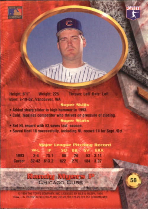 1994 Bowman's Best #R58 Randy Myers back image
