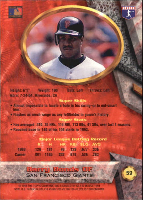 1994 Bowman's Best #R59 Barry Bonds back image
