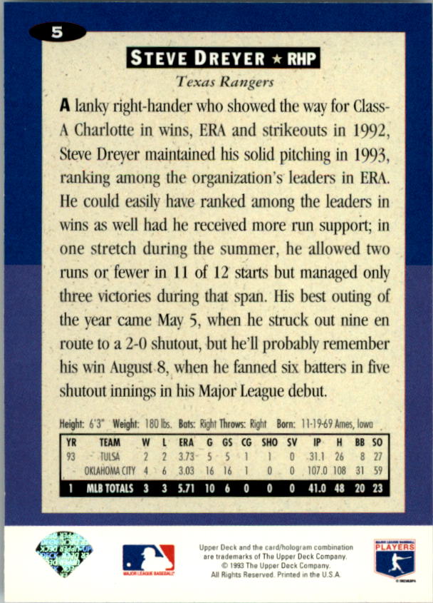 1994 Collector's Choice #5 Steve Dreyer RC back image