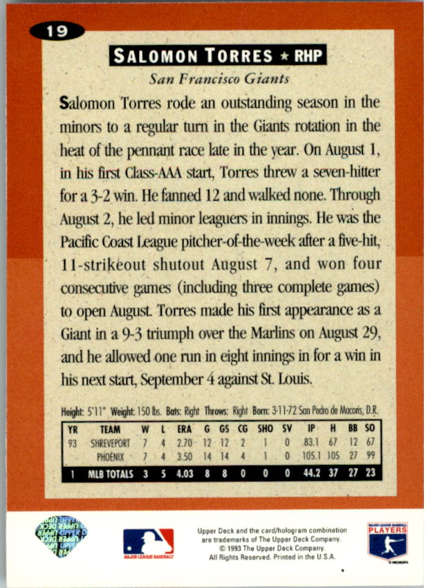 1994 Collector's Choice #19 Salomon Torres back image