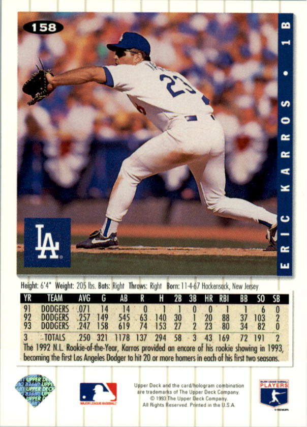 1994 Collector's Choice #158 Eric Karros back image