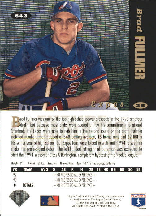 1994 Collector's Choice #643 Brad Fullmer RC back image