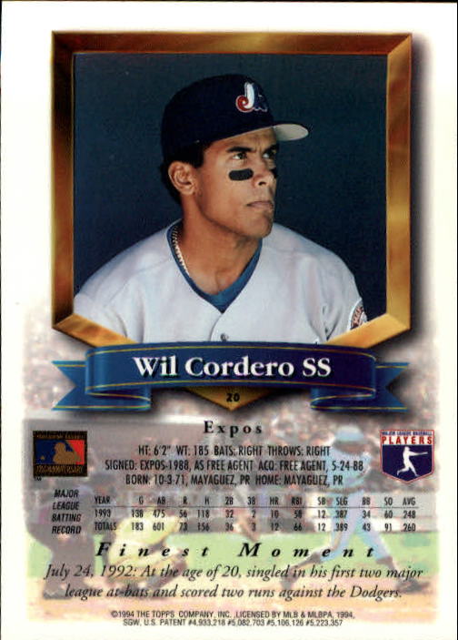 1994 Finest #20 Wil Cordero FIN back image
