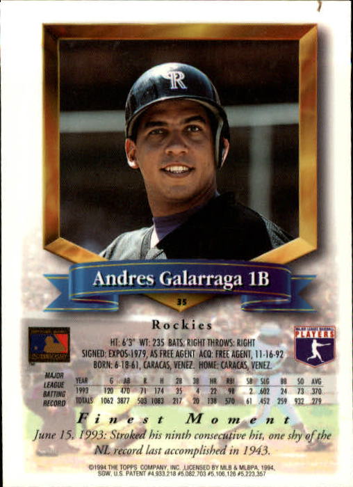 1994 Finest #35 Andres Galarraga back image