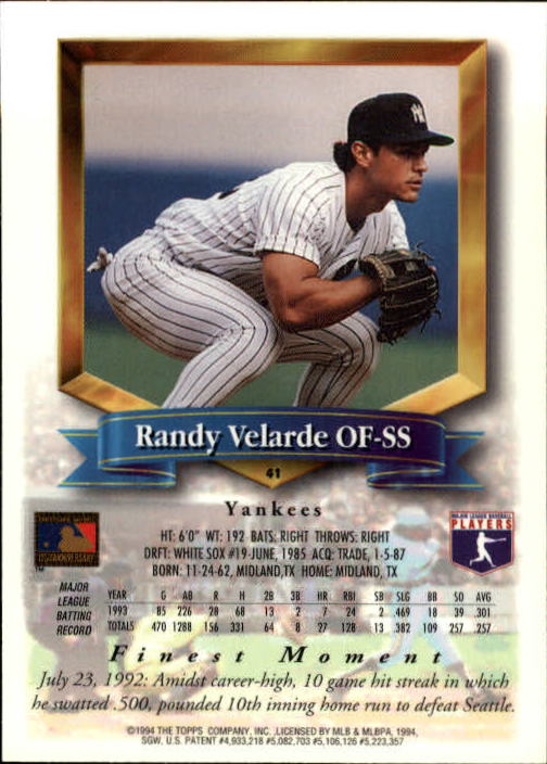 1994 Finest #41 Randy Velarde back image
