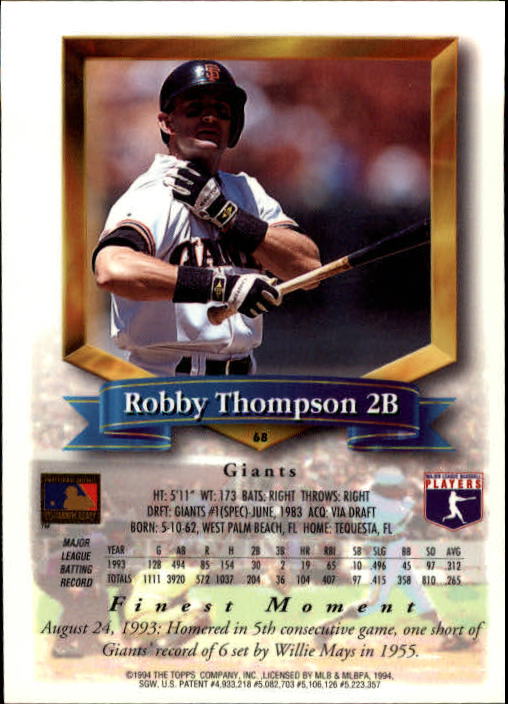 1994 Finest #68 Robby Thompson back image