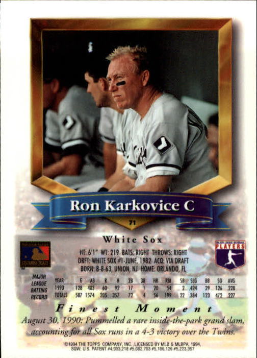 1994 Finest #71 Ron Karkovice back image