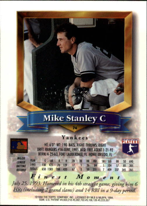 1994 Finest #76 Mike Stanley back image