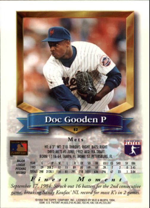 1994 Finest #82 Dwight Gooden back image