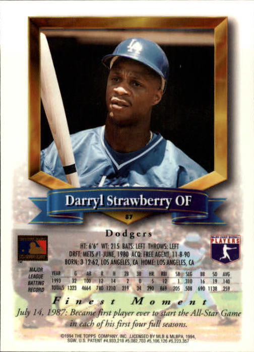 1994 Finest #87 Darryl Strawberry back image