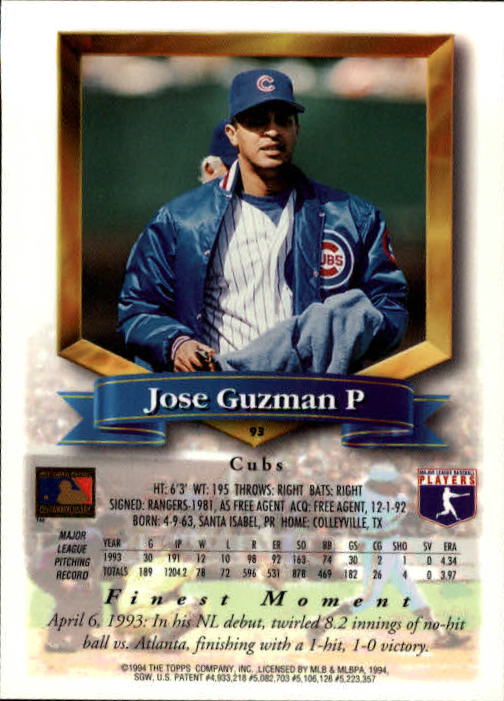 1994 Finest #93 Jose Guzman back image