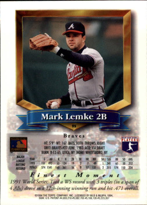 1994 Finest #95 Mark Lemke back image